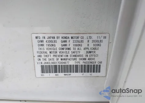 2007 Acura Tsx из США, поврежденный, VIN JH4CL96817C004877